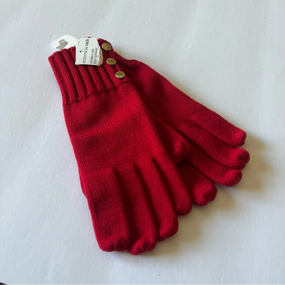 MICHAEL MICHAEL KORS WOMENS KNIT GLOVES WITH GOLD BUTTON DETAIL RED OS NWT